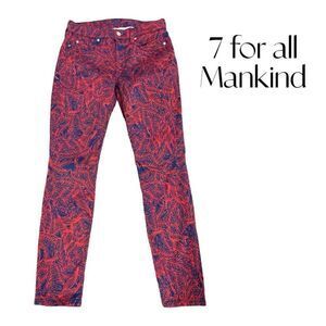 7 FOR ALL MANKIND Navy/Red Palm Leaf Print SLIM HIGH WAIST Sz 27, like new